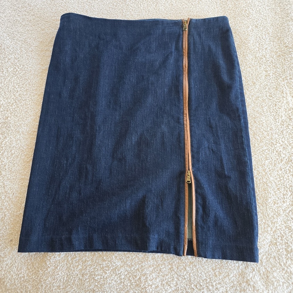 Lauren Ralph Lauren Denim Skirt W/ Leather Trim 2 Way Zipper Jean Skirt Size 16